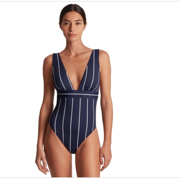 Lauren Ralph Lauren Women's Striped V-Neck One-Piece Swimsuit - Villa Stripe NWT - Picture 1 of 4